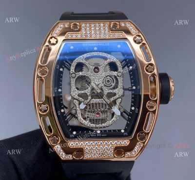 Higher Quality Rose Gold Richard Mille Skull Watch With Diamonds Black Rubber Strap Replica 